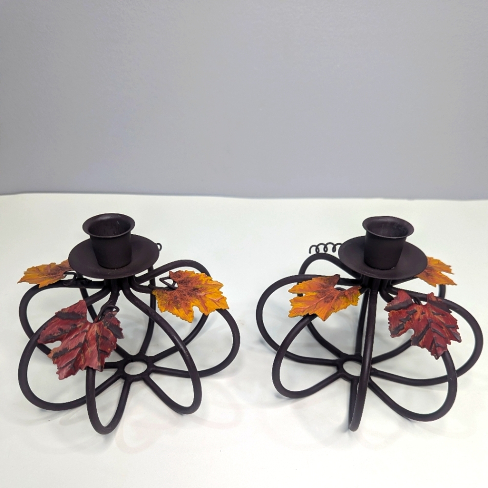 Pair of Metal/Iron Pumpkin Shape with Leaves Candle Holders